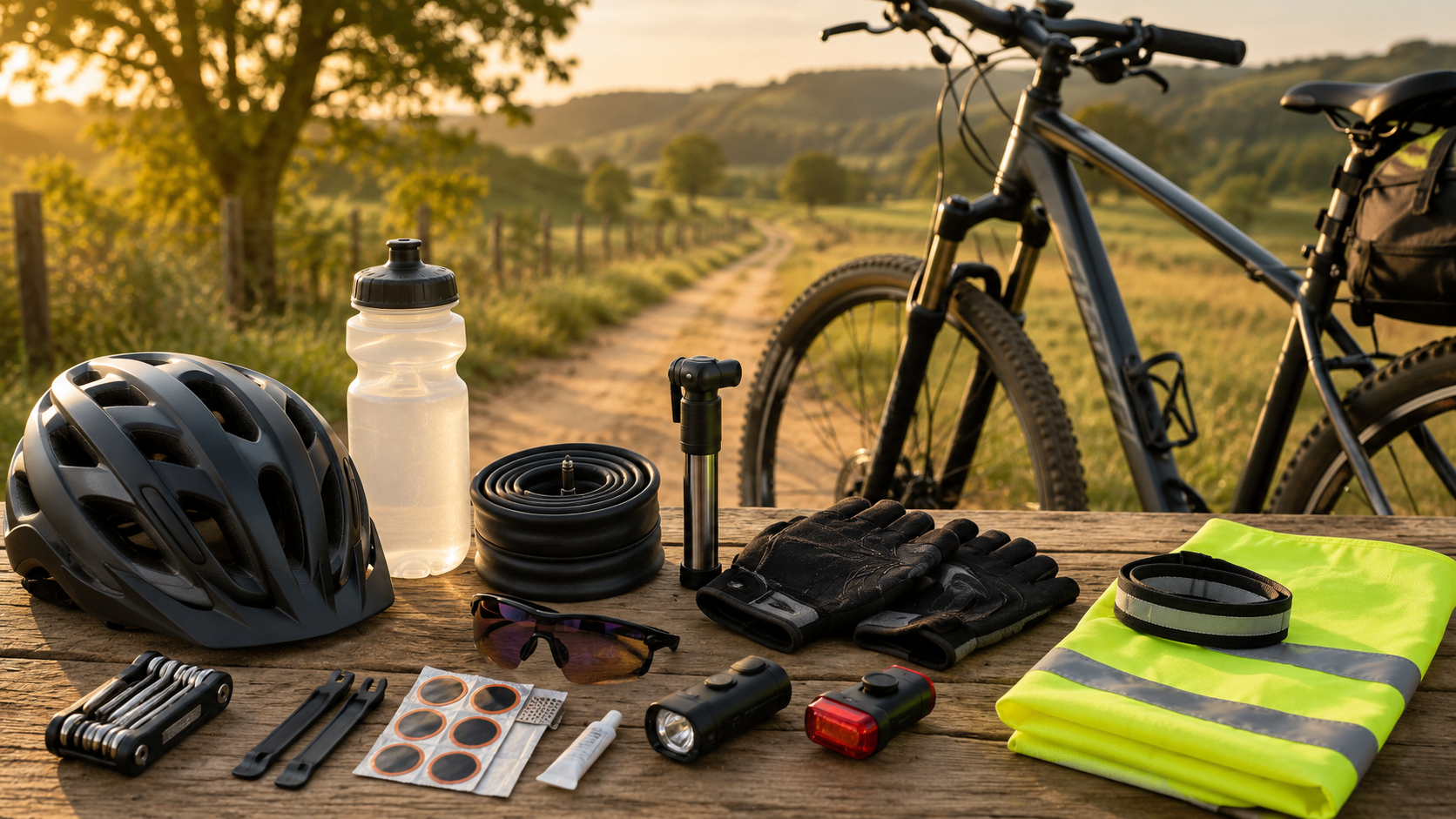 Itens básicos para primeiro passeio de bike com capacete, garrafa de água, câmara reserva e acessórios de segurança